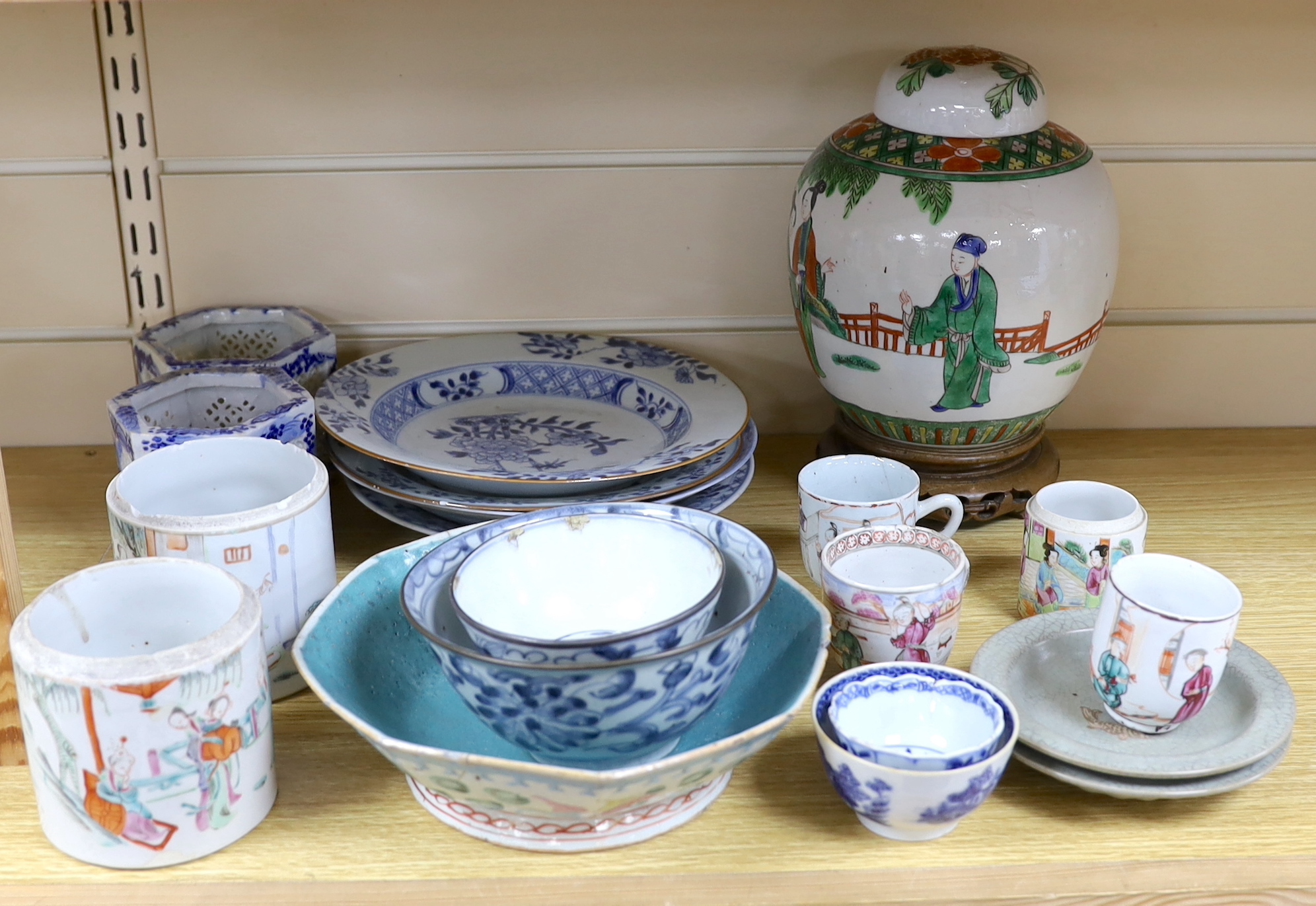 A group of Chinese blue and white and enamelled porcelain jars, plates and bowls, 18th century and later, largest 26cm high